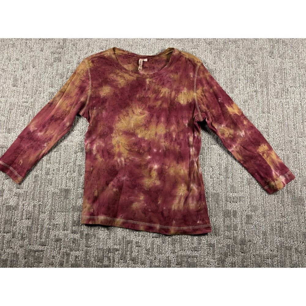 Xcit Moda Womens Large Tie Dye Ribbed Long Sleeve Top Burgundy Mustard Yellow